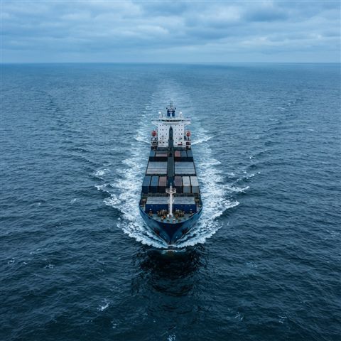 Photorealistic photo of a large ship on the open sea, high-angle view from above, cool blue tones, quiet atmosphere, 1:1 aspect ratio