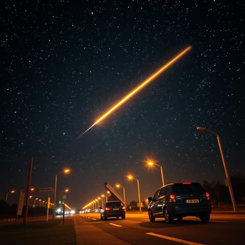 Photorealistic photo of A brilliant shooting star streak across a dark night sky filled with countless bright stars, close-up detail with shallow depth of field, warm golden light, calm mood, 1:1 aspect ratio