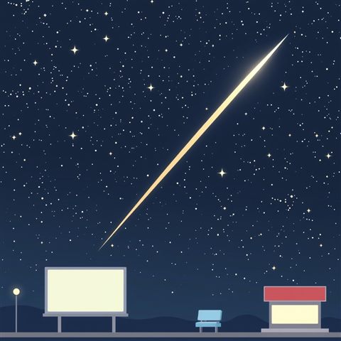 Minimal flat illustration of A brilliant shooting star streak across a dark night sky filled with countless bright stars, close-up detail with shallow depth of field, soft pastel colors, bright and cozy, 1:1 aspect ratio