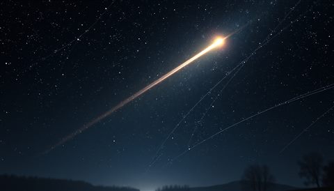 Soft 3D render of A brilliant shooting star streak across a dark night sky filled with countless bright stars, high-angle view from above, misty morning haze, dreamy, 16:9 aspect ratio