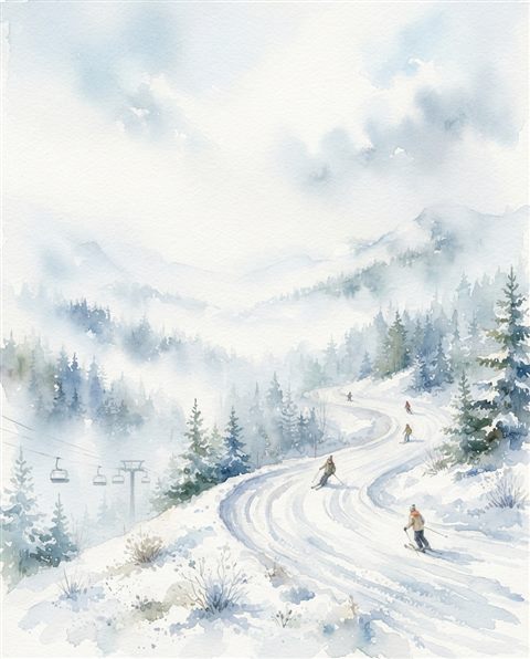 Watercolor illustration of a snowy ski slope, wide shot with open space at the top for text, misty morning haze, dreamy, 4:5 aspect ratio