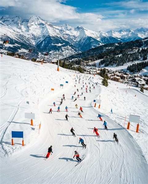 Cinematic film still of a snowy ski slope, high-angle view from above, vivid colors, high contrast, energetic, 4:5 aspect ratio