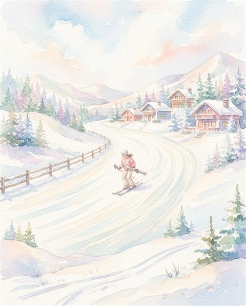 Watercolor illustration of a snowy ski slope, centered subject with a simple uncluttered composition, soft pastel colors, bright and cozy, 4:5 aspect ratio