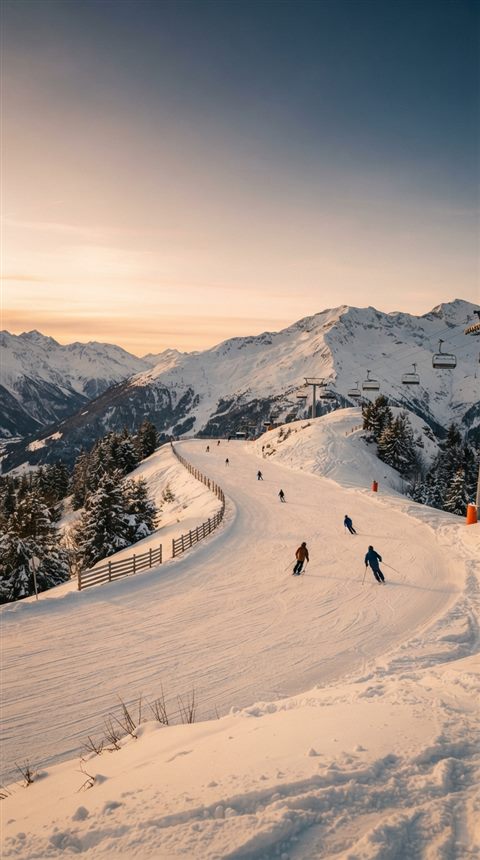 Cinematic film still of a snowy ski slope, wide shot with open space at the top for text, warm golden light, calm mood, 9:16 aspect ratio
