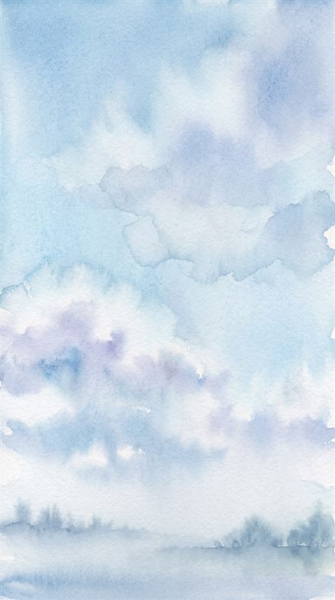 Watercolor illustration of blue sky with soft clouds, close-up detail with shallow depth of field, misty morning haze, dreamy, 9:16 aspect ratio