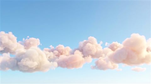 Soft 3d render of blue sky with soft clouds, wide shot with open space at the top for text, soft pastel colors, bright and cozy, 16:9 aspect ratio