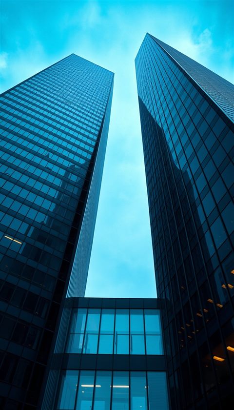 Photorealistic photo of Looking straight up at modern glass skyscrapers piercing a bright blue sky., close-up detail with shallow depth of field, moody dark tones, dramatic lighting, 9:16 aspect ratio