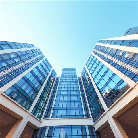 Minimal flat illustration of Looking straight up at modern glass skyscrapers piercing a bright blue sky., wide shot with open space at the top for text, soft pastel colors, bright and cozy, 1:1 aspect ratio