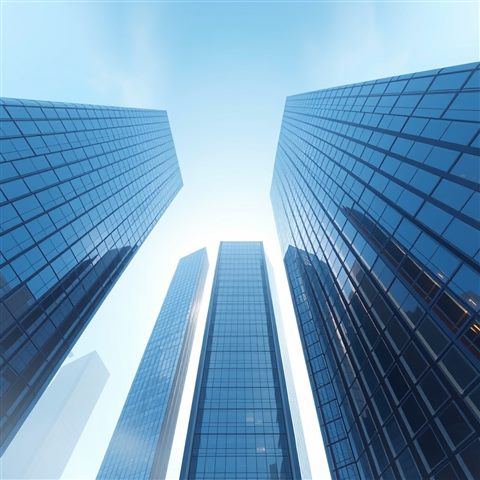 Soft 3D render of Looking straight up at modern glass skyscrapers piercing a bright blue sky., wide shot with open space at the top for text, misty morning haze, dreamy, 1:1 aspect ratio