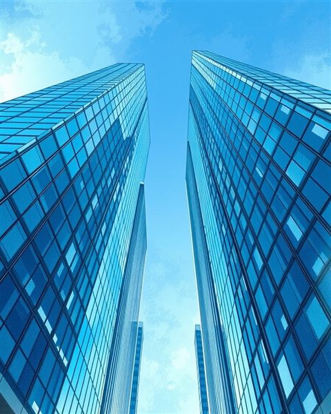 Watercolor illustration of Looking straight up at modern glass skyscrapers piercing a bright blue sky., high-angle view from above, cool blue tones, quiet atmosphere, 4:5 aspect ratio