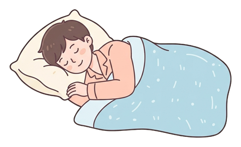 Simple cute flat cartoon illustration with soft pastel colors and thin clean dark outlines of a young man, person sleeping peacefully under a blanket with a pillow, transparent background PNG