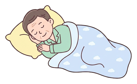 Simple cute flat cartoon illustration with soft pastel colors and thin clean dark outlines of a middle-aged man, person sleeping peacefully under a blanket with a pillow, transparent background PNG