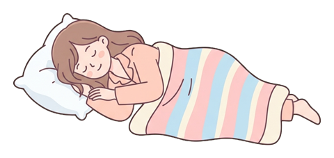 Simple cute flat cartoon illustration with soft pastel colors and thin clean dark outlines of a young woman, person sleeping peacefully under a blanket with a pillow, transparent background PNG