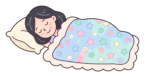Simple cute flat cartoon illustration with soft pastel colors and thin clean dark outlines of a middle-aged woman, person sleeping peacefully under a blanket with a pillow, transparent background PNG
