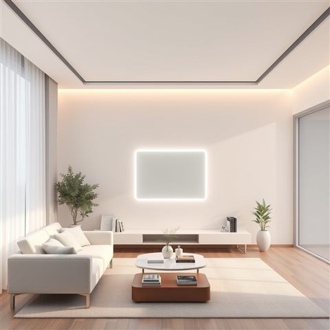 벽면에 미래지향적인 스마트 제어 패널이 빛나는 모던한 미니멀 거실, 부드러운 3D 렌더링, 위쪽에 글자 넣을 여백이 있는 넓은 구도, 아침 안개, 몽환적인 분위기, 1:1 비율