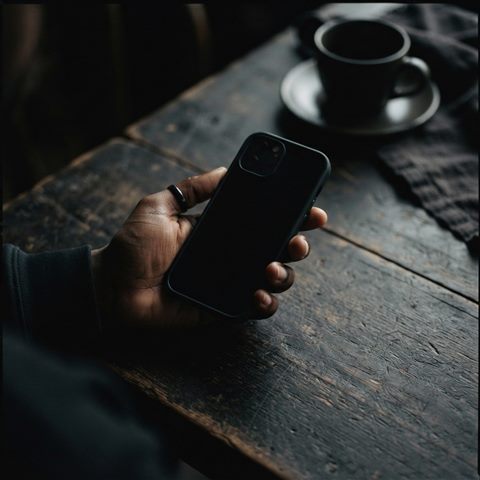Photorealistic photo of smartphone in hand, high-angle view from above, moody dark tones, dramatic lighting, 1:1 aspect ratio