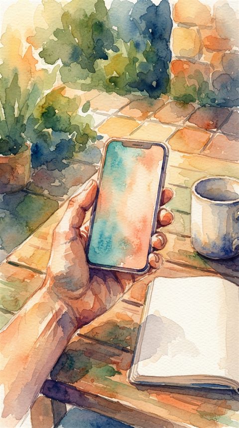Watercolor illustration of smartphone in hand, high-angle view from above, warm golden light, calm mood, 9:16 aspect ratio