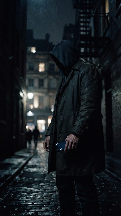 Cinematic film still of smartphone in hand, wide shot with open space at the top for text, moody dark tones, dramatic lighting, 9:16 aspect ratio