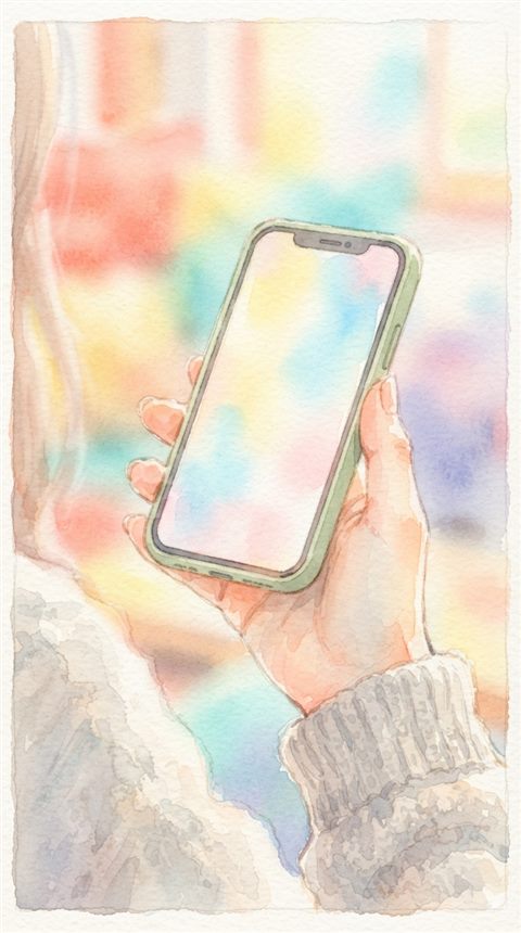 Watercolor illustration of smartphone in hand, close-up detail with shallow depth of field, soft pastel colors, bright and cozy, 9:16 aspect ratio