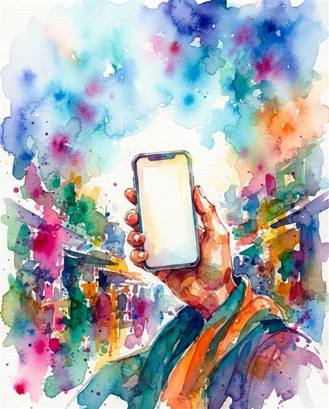 Watercolor illustration of smartphone in hand, wide shot with open space at the top for text, vivid colors, high contrast, energetic, 4:5 aspect ratio