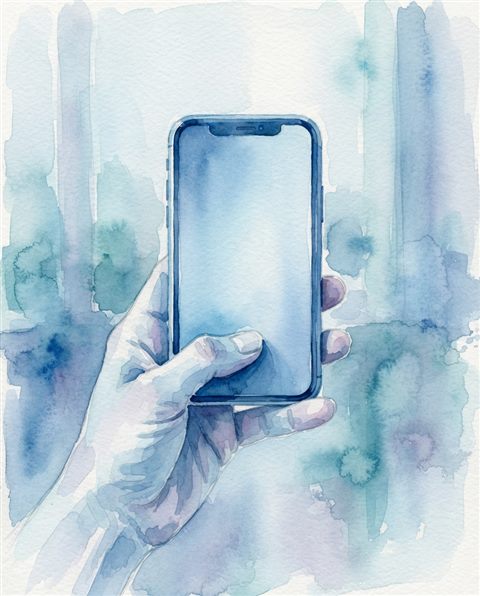 Watercolor illustration of smartphone in hand, centered subject with a simple uncluttered composition, cool blue tones, quiet atmosphere, 4:5 aspect ratio