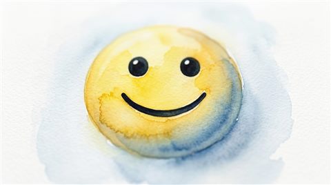 Watercolor illustration of a large 3D yellow smiling emoji face floating against a clean white background, close-up detail with shallow depth of field, cool blue tones, quiet atmosphere, 16:9 aspect ratio