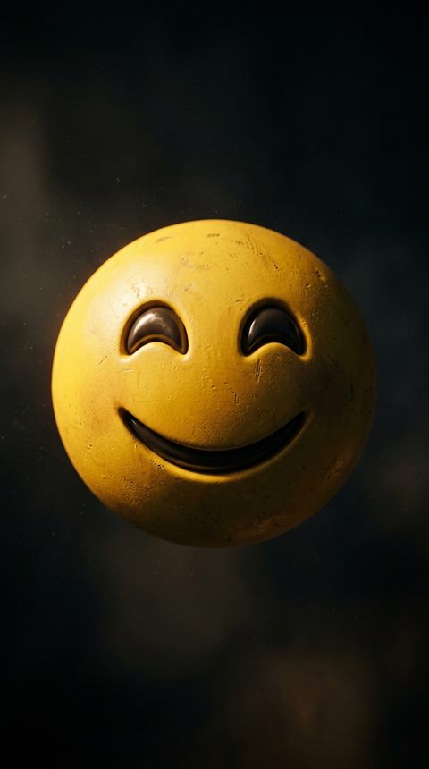 Photorealistic photo of a large 3D yellow smiling emoji face floating against a clean white background, close-up detail with shallow depth of field, moody dark tones, dramatic lighting, 9:16 aspect ratio