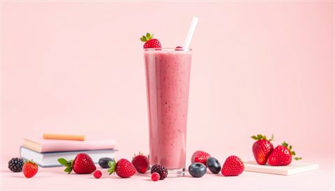 Minimal flat illustration of A tall glass of vibrant pink berry smoothie topped with fresh berries and a straw, set against a pastel backdrop., wide shot with open space at the top for text, soft pastel colors, bright and cozy, 16:9 aspect ratio