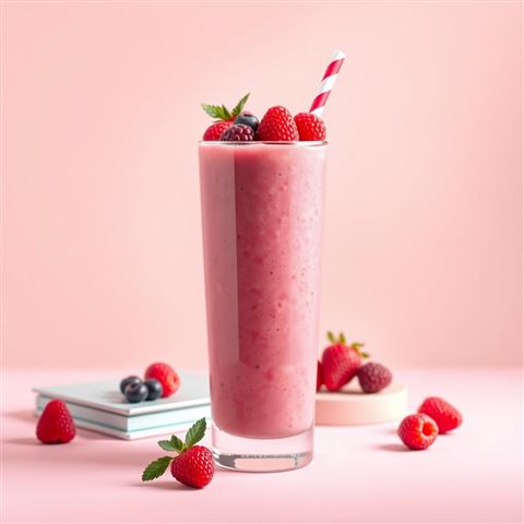 Soft 3D render of A tall glass of vibrant pink berry smoothie topped with fresh berries and a straw, set against a pastel backdrop., centered subject with a simple uncluttered composition, misty morning haze, dreamy, 1:1 aspect ratio