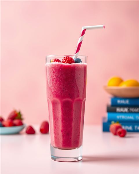 Cinematic film still of A tall glass of vibrant pink berry smoothie topped with fresh berries and a straw, set against a pastel backdrop., close-up detail with shallow depth of field, vivid colors, high contrast, energetic, 4:5 aspect ratio