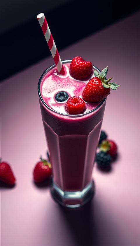 Photorealistic photo of A tall glass of vibrant pink berry smoothie topped with fresh berries and a straw, set against a pastel backdrop., high-angle view from above, moody dark tones, dramatic lighting, 9:16 aspect ratio