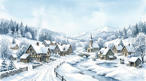 Watercolor illustration of a peaceful traditional village covered in thick white snow during winter, wide shot with open space at the top for text, cool blue tones, quiet atmosphere, 16:9 aspect ratio