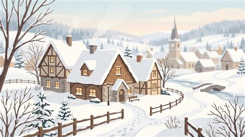 Minimal flat illustration of a peaceful traditional village covered in thick white snow during winter, close-up detail with shallow depth of field, soft pastel colors, bright and cozy, 16:9 aspect ratio