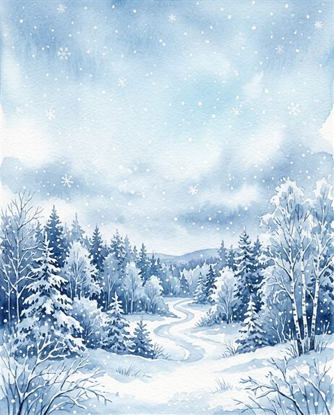 Watercolor illustration of falling snowflakes, wide shot with open space at the top for text, cool blue tones, quiet atmosphere, 4:5 aspect ratio