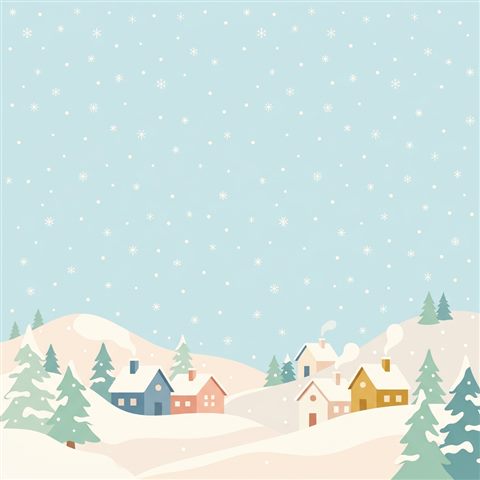 Minimal flat illustration of falling snowflakes, wide shot with open space at the top for text, soft pastel colors, bright and cozy, 1:1 aspect ratio