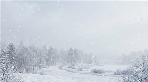Soft 3d render of falling snowflakes, wide shot with open space at the top for text, misty morning haze, dreamy, 16:9 aspect ratio
