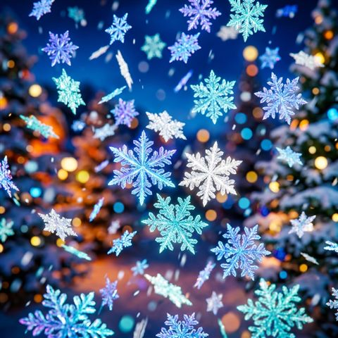 Soft 3d render of falling snowflakes, close-up detail with shallow depth of field, vivid colors, high contrast, energetic, 1:1 aspect ratio
