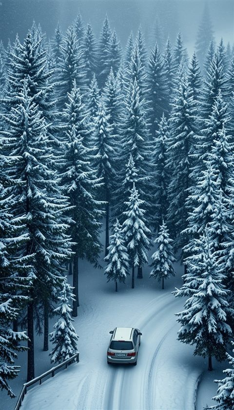 Photorealistic photo of A quiet pine forest covered in fresh white snow during a gentle snowfall, high-angle view from above, moody dark tones, dramatic lighting, 9:16 aspect ratio