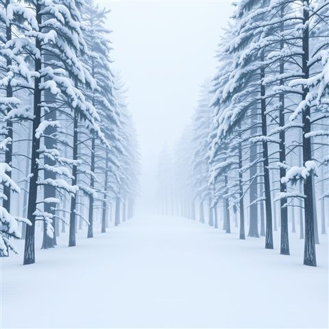 Soft 3D render of A quiet pine forest covered in fresh white snow during a gentle snowfall, centered subject with a simple uncluttered composition, misty morning haze, dreamy, 1:1 aspect ratio