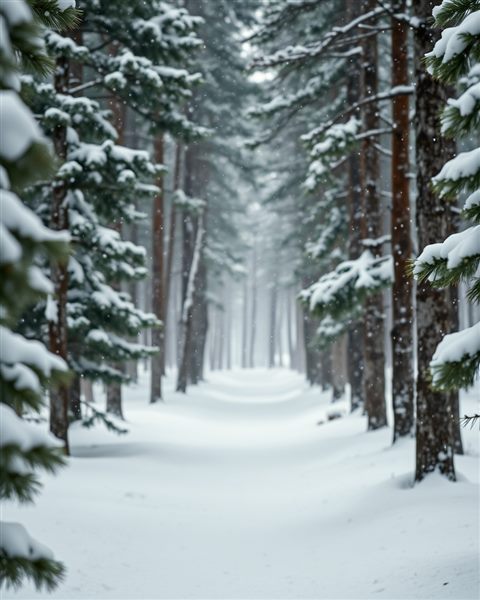 Cinematic film still of A quiet pine forest covered in fresh white snow during a gentle snowfall, close-up detail with shallow depth of field, vivid colors, high contrast, energetic, 4:5 aspect ratio