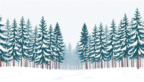 Minimal flat illustration of A quiet pine forest covered in fresh white snow during a gentle snowfall, wide shot with open space at the top for text, soft pastel colors, bright and cozy, 16:9 aspect ratio
