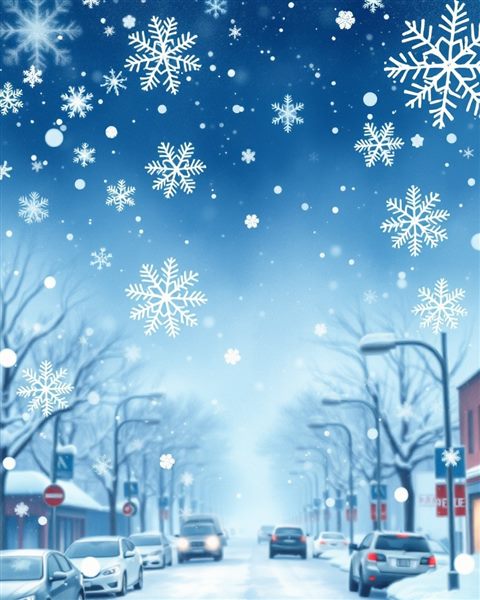Watercolor illustration of Intricate detailed white snowflakes falling gently against a soft out-of-focus winter background, high-angle view from above, cool blue tones, quiet atmosphere, 4:5 aspect ratio
