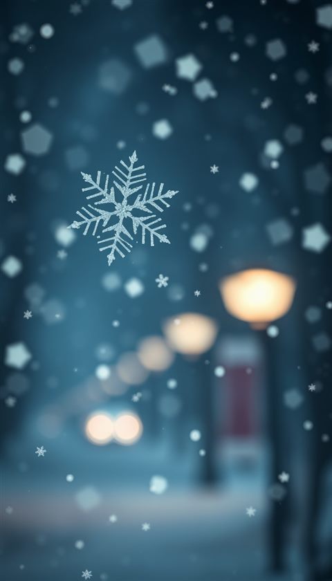Photorealistic photo of Intricate detailed white snowflakes falling gently against a soft out-of-focus winter background, close-up detail with shallow depth of field, moody dark tones, dramatic lighting, 9:16 aspect ratio