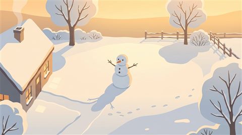 Minimal flat illustration of snowman in a snowy yard, high-angle view from above, warm golden light, calm mood, 16:9 aspect ratio