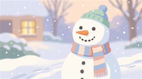 Minimal flat illustration of snowman in a snowy yard, close-up detail with shallow depth of field, soft pastel colors, bright and cozy, 16:9 aspect ratio