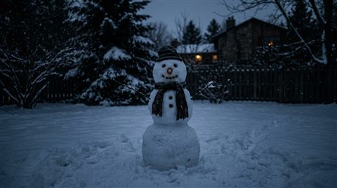 Photorealistic photo of snowman in a snowy yard, centered subject with a simple uncluttered composition, moody dark tones, dramatic lighting, 16:9 aspect ratio
