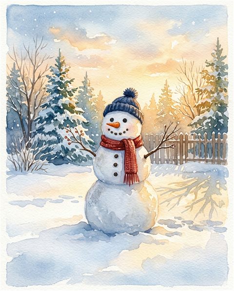 Watercolor illustration of snowman in a snowy yard, centered subject with a simple uncluttered composition, warm golden light, calm mood, 4:5 aspect ratio