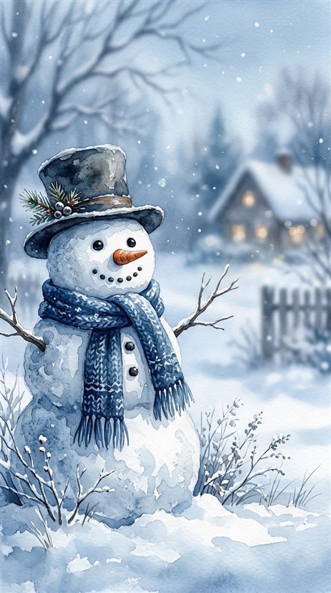 Watercolor illustration of snowman in a snowy yard, close-up detail with shallow depth of field, cool blue tones, quiet atmosphere, 9:16 aspect ratio