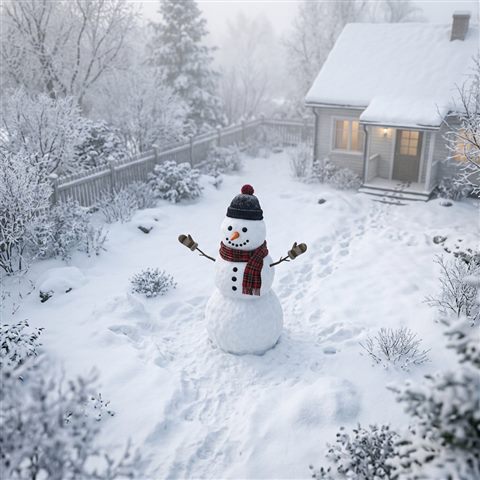 Photorealistic photo of snowman in a snowy yard, high-angle view from above, misty morning haze, dreamy, 1:1 aspect ratio