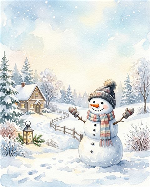 Watercolor illustration of snowman in a snowy yard, wide shot with open space at the top for text, soft pastel colors, bright and cozy, 4:5 aspect ratio